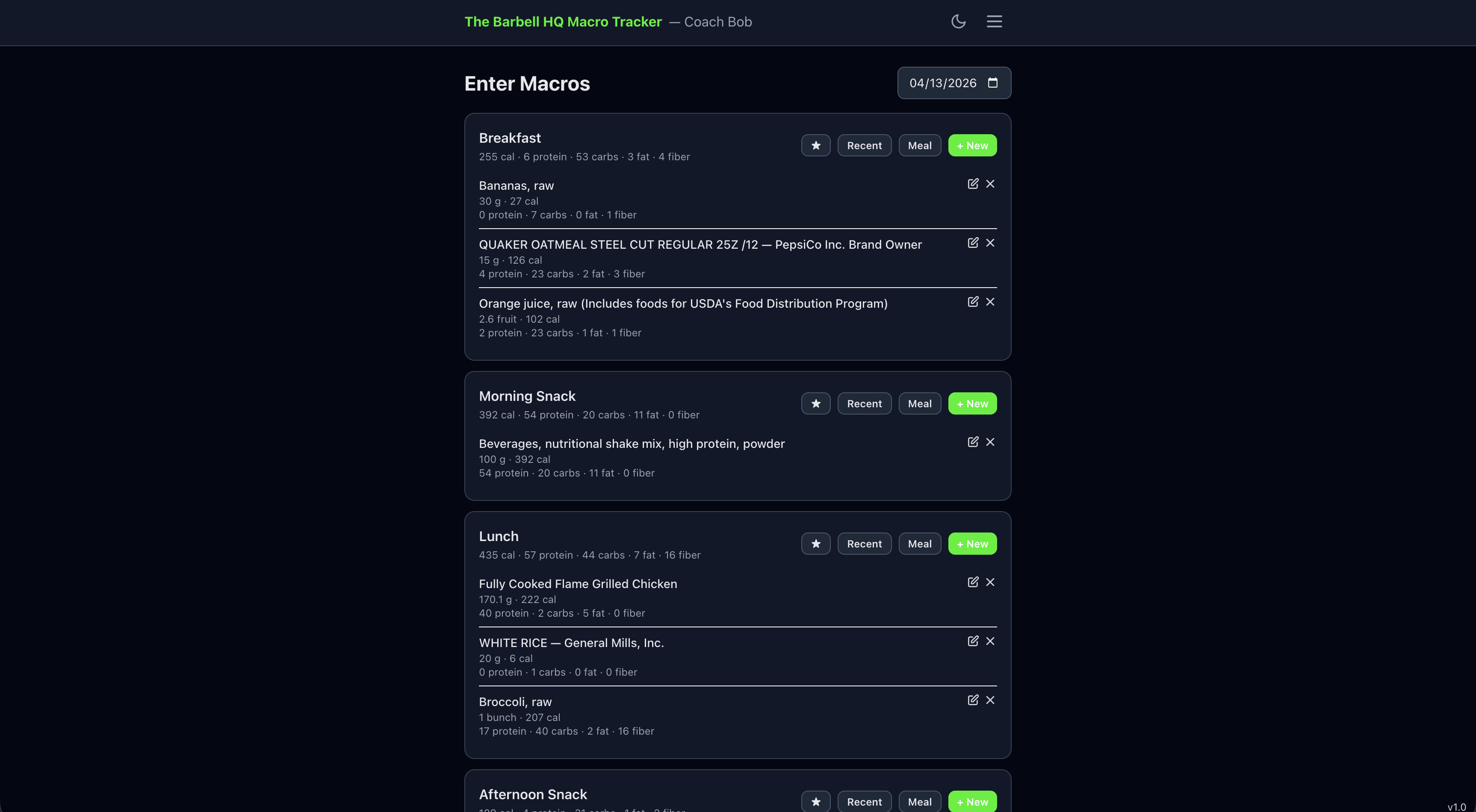 Athlete view of daily macros logged by meal with food search and barcode scan